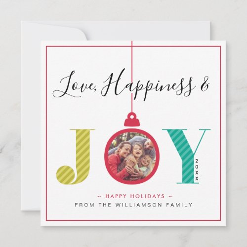 Love  Joy Modern Ornament Red White Stripe Photo Holiday Card