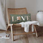 Love Joy Modern Type Geometric Family Photo Green Lumbar Pillow<br><div class="desc">Modern and stylish Christmas theme love throw pillow design. The design features the word "LOVE" with the letter "O" created with your own personalized family photo. Modern faux gold geometric concentric circle frames the photo. The reverse side features a modern faux gold geometric concentric circle pattern with Love & Joy....</div>
