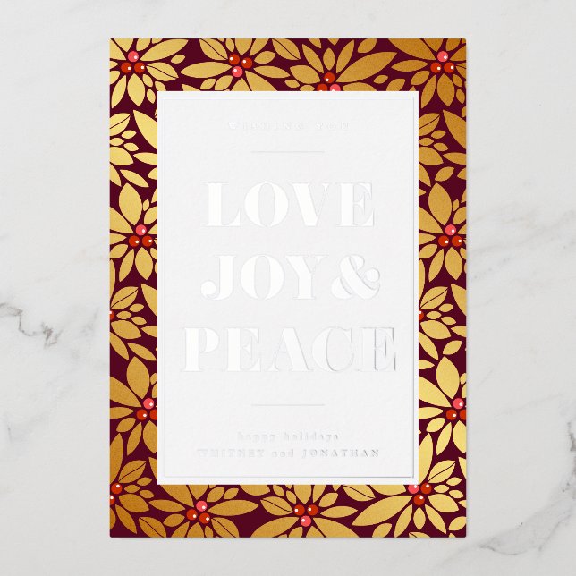 LOVE JOY & PEACE | Add Your Photo Foil Holiday Card (Front)