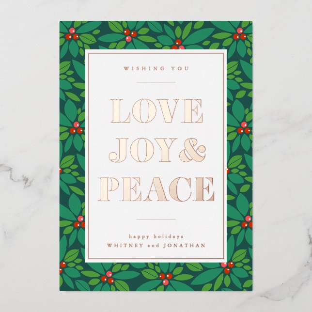 LOVE JOY & PEACE | Add Your Photo Foil Holiday Card (Front)