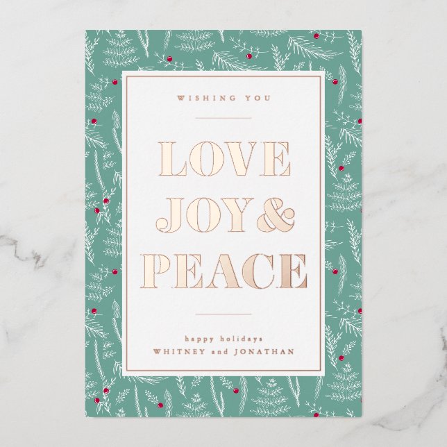 LOVE JOY & PEACE | Add Your Photo Foil Holiday Card (Front)