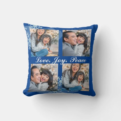 Love joy peace blue snowflake 4 Photo Personalized Throw Pillow