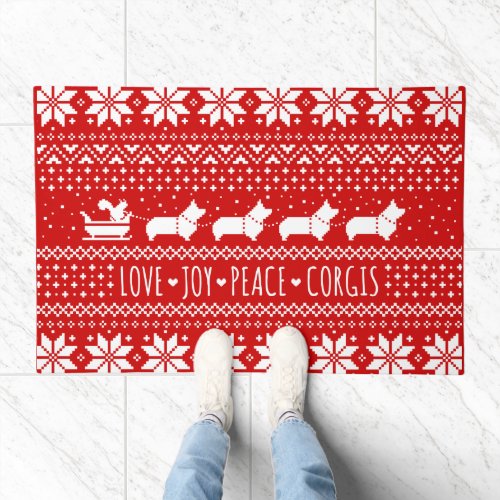 Love Joy Peace Corgis Festive Christmas Holiday Doormat