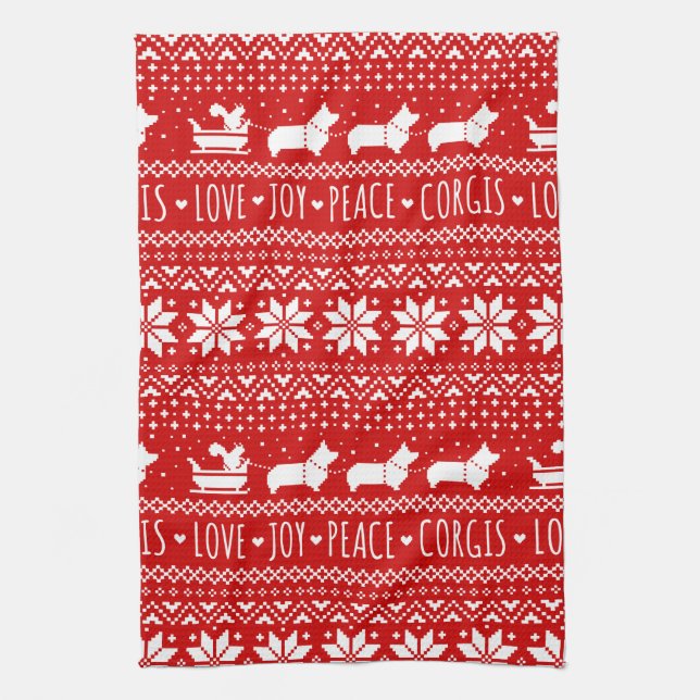 Love Joy Peace Corgis Festive Christmas Holiday Kitchen Towel (Vertical)