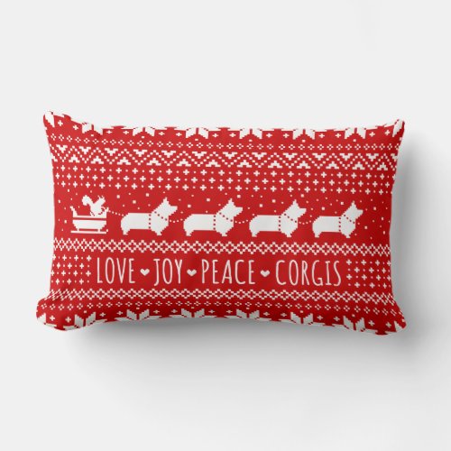 Love Joy Peace Corgis Festive Christmas Holiday Lumbar Pillow