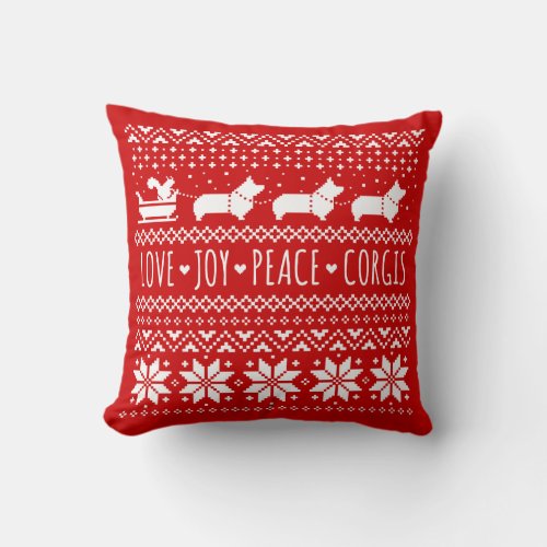 Love Joy Peace Corgis Festive Christmas Holiday Throw Pillow