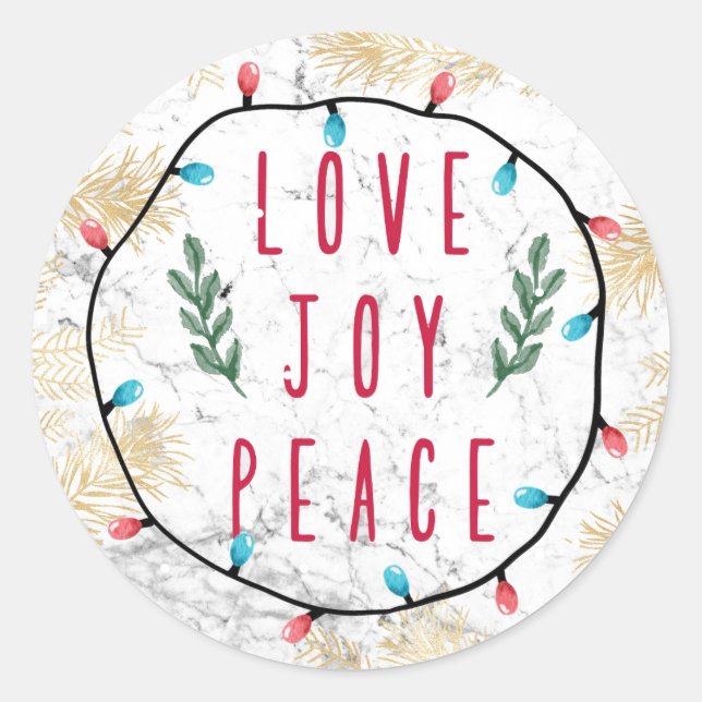 Love Joy Peace for Christmas Holiday with lights  Classic Round Sticker (Front)
