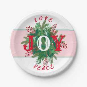 Love Joy PEACE Holiday elegant Wreath green red Paper Plates