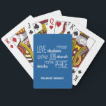 LOVE JOY PEACE Personalized Hanukkah Poker Cards<br><div class="desc">Stylish HANUKKAH playing cards with LOVE JOY PEACE including Hebrew translations in white typography against a TEKHELET BLUE background. Text is CUSTOMIZABLE, in case you wish to change anything. HAPPY HANUKKAH is also customizable, so you can create your own text or add your name or initials. Matching items are available....</div>