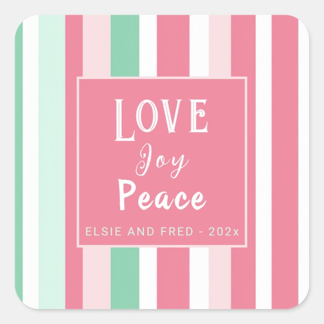  "Love Joy Peace" Pink Green Stripes Square Sticker (Front)