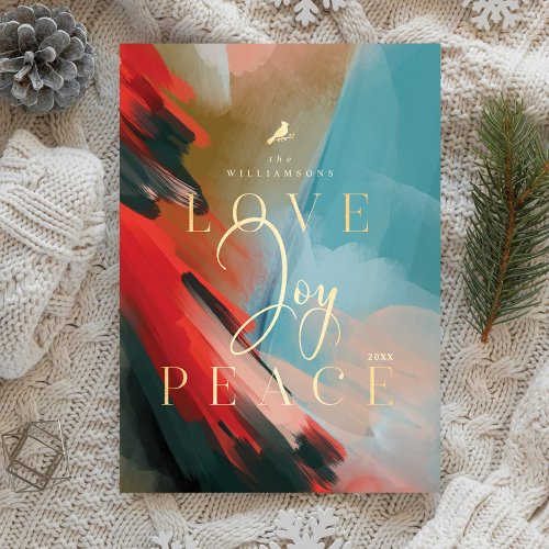 Love Joy  Peace Red Cardinal Abstract Watercolor Holiday Card