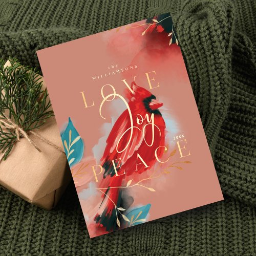 Love Joy  Peace Red Cardinal Watercolor Blush Holiday Card