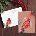 Love Joy & Peace Red Cardinal Watercolor Blush Postcard<br><div class="desc">Our cardinal spirit holiday Christmas postcard embodies warmth, life and energy inspired by nature. Expressive brush and pen strokes are combined together with our artistic stylized red cardinal bird artwork. Evoking the feeling of love, joy and peace. Saturated hues of crimson reds, blush, deep ebony black, sapphire blue and dark...</div>