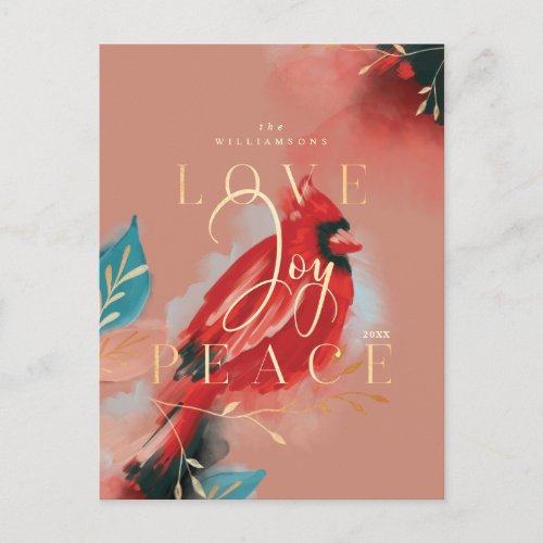 Love Joy  Peace Red Cardinal Watercolor Blush Postcard