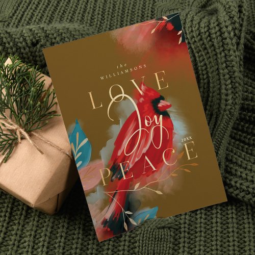 Love Joy  Peace Red Cardinal Watercolor Green Holiday Card