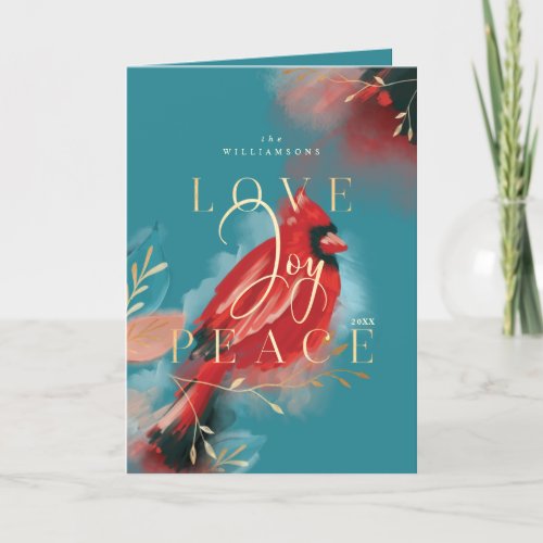 Love Joy  Peace Red Cardinal Watercolor Teal Blue Holiday Card
