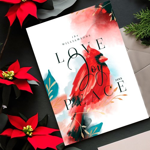 Love Joy  Peace Red Cardinal Watercolor White Holiday Card