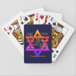 LOVE JOY PEACE Star of David Hanukkah Playing Cards<br><div class="desc">Stylish HANUKKAH playing cards with LOVE JOY PEACE including Hebrew translations in gold typography against a colorful Star of David and midnight blue background. All text is CUSTOMIZABLE, should you wish to change anything. HANUKKAH SAMEACH is also customizable, so you can create your own text or add your name or...</div>
