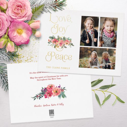 Love Joy  Peace Typography Pastel Floral 3_Photo Foil Holiday Card