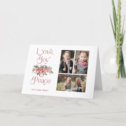 Love Joy  Peace Typography Pastel Floral 3_Photo Holiday Card