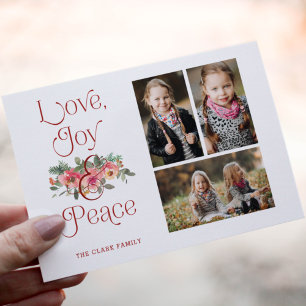 Love, Joy & Peace Typography Pastel Floral 3-Photo Holiday Card
