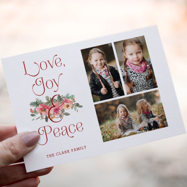 Love, Joy & Peace Typography Pastel Floral 3-Photo Holiday Card (Creator Uploaded)