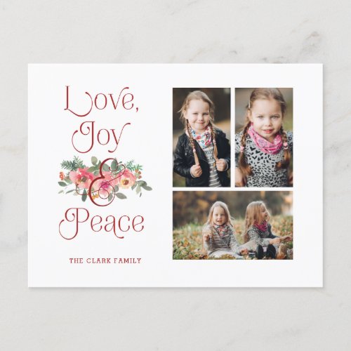 Love Joy  Peace Typography Pastel Floral 3_Photo Holiday Postcard