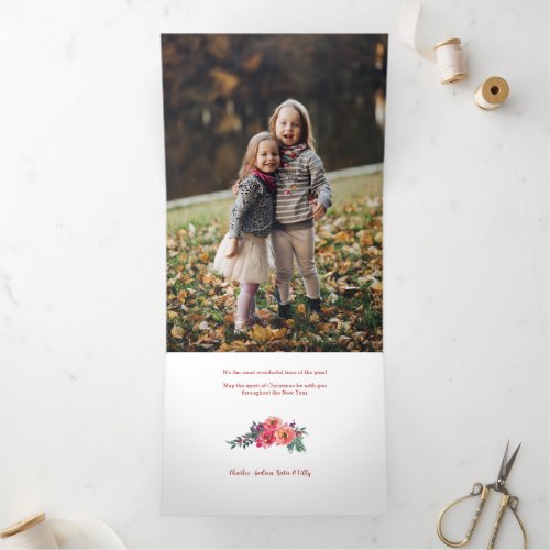 Love Joy  Peace Typography Pastel Floral 3_Photo Tri_Fold Holiday Card