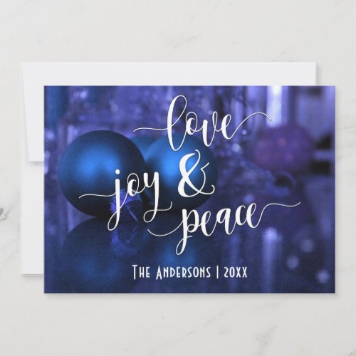 Love Joy  Peace w Blue  Purple Ornaments Holiday Card