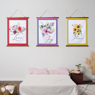 Love Joy Peace watercolor floral Hanging Tapestry
