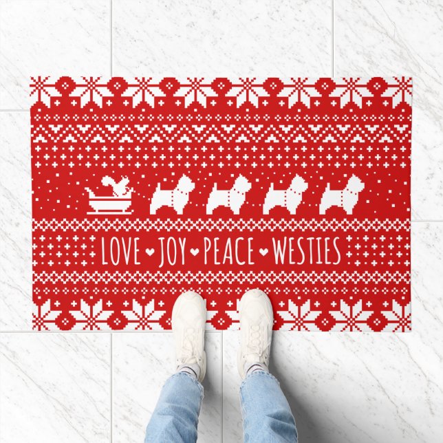 Love Joy Peace Westies Dogs Christmas Holiday Doormat (Indoor)