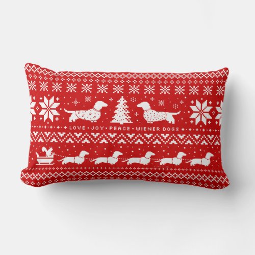 Love Joy Peace Wiener Dogs Christmas Pattern Lumbar Pillow