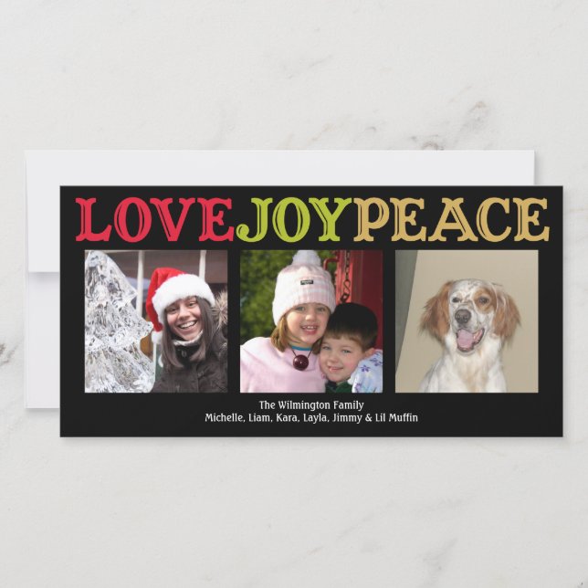 Love Joy Peace woodblock black Christmas greeting Holiday Card (Front)