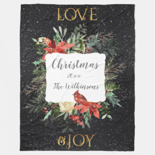 Love & Joy Personalized Christmas Holiday Floral Fleece Blanket