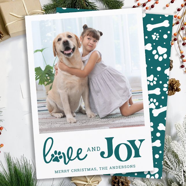 LOVE & JOY Personalized Dog Pet Photo Paw Print Holiday Card (Creator Uploaded)