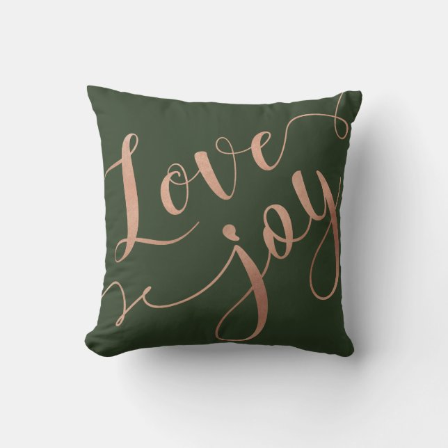 Love & Joy Script | Gold & Hunter Green Christmas Throw Pillow (Front)