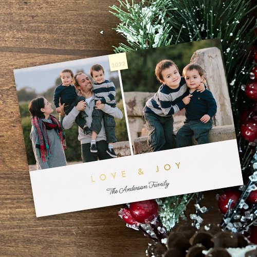 Love  Joy Stylish Minimal 2 Photo Gold Foil Holiday Card