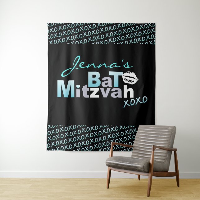 LOVE & KISSES Aqua Bat Mitzvah Photo-Op Backdrop (In Situ)