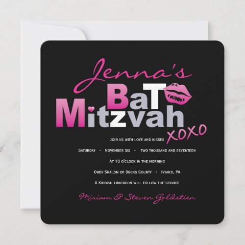 LOVE  KISSES HOT PINK Bat Mitzvah Invitation