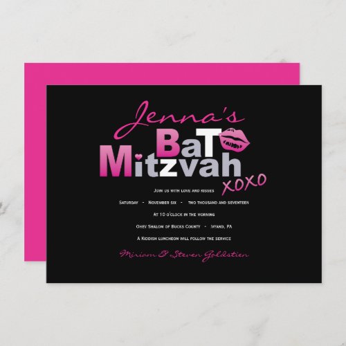 LOVE  KISSES HOT PINK Bat Mitzvah Invitation