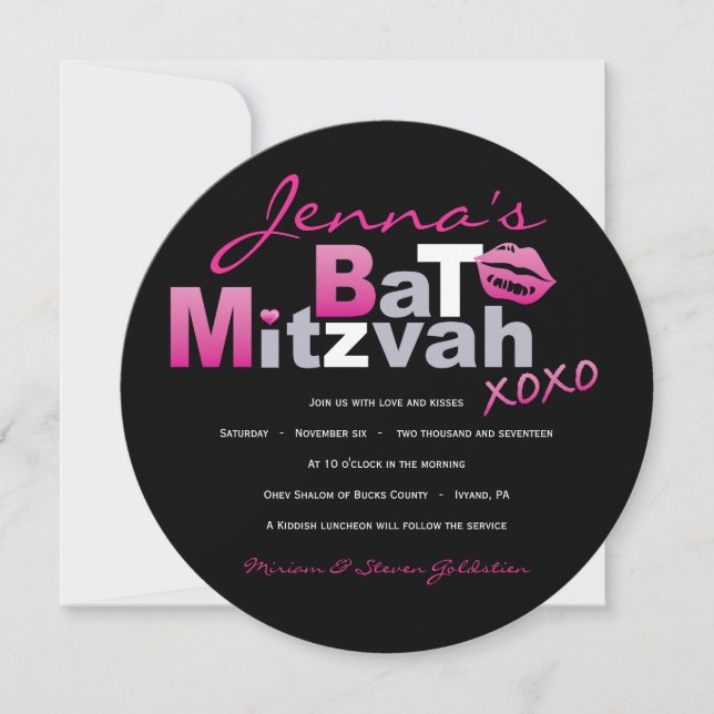 LOVE & KISSES HOT PINK Bat Mitzvah Invitation (Front)