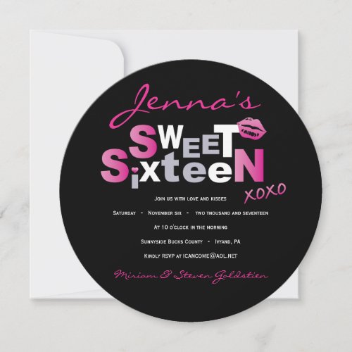 LOVE  KISSES HOT PINK Sweet Sixteen Invitation