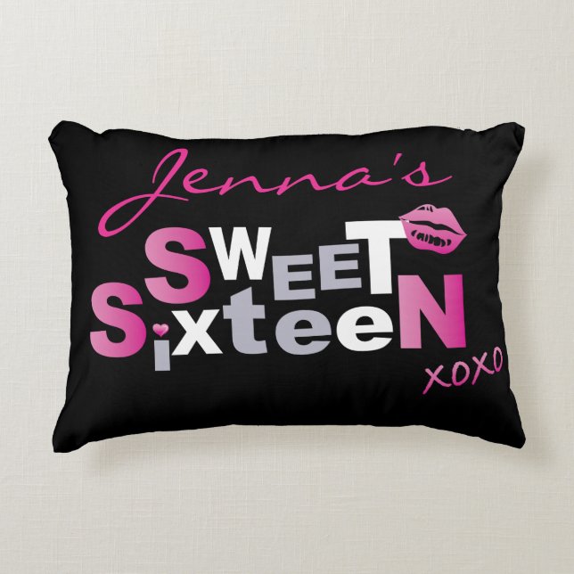 LOVE & KISSES HOT PINK Sweet Sixteen Invitation Accent Pillow (Front)