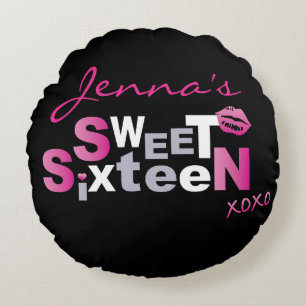 LOVE & KISSES HOT PINK Sweet Sixteen Invitation Round Pillow
