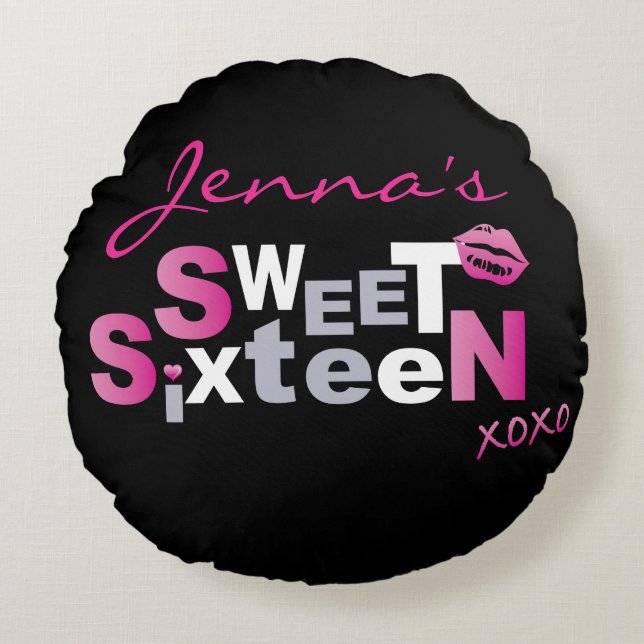 LOVE & KISSES HOT PINK Sweet Sixteen Invitation Round Pillow (Front)