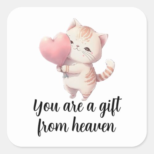 Love Kitten Valentines Pink Heart Watercolor Cat   Square Sticker