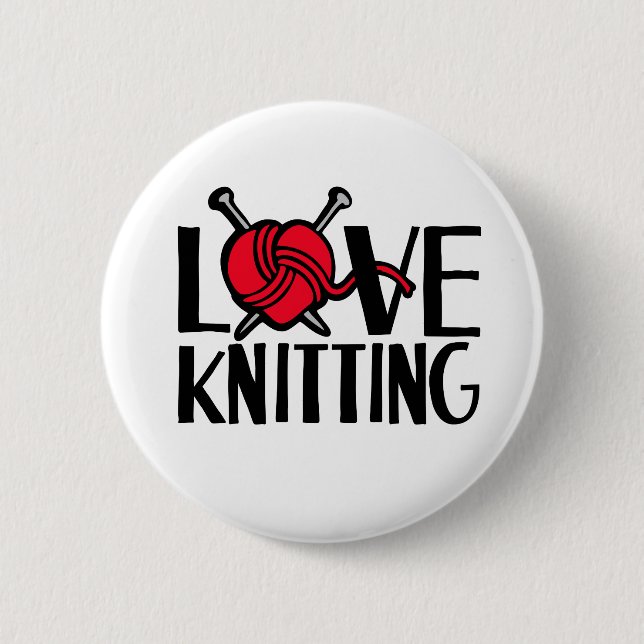 Love knitting button badge in red black white (Front)
