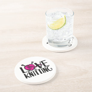 Love Knitting pink wool and knitting needles Coaster