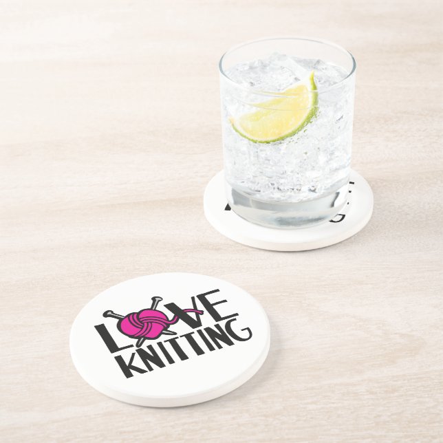 Love Knitting pink wool and knitting needles Coaster (Side)