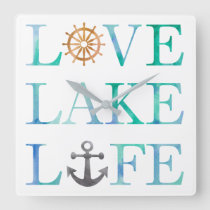 Love Lake Life Nautical Typography Watercolor Square Wall Clock